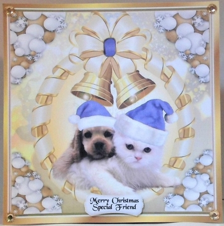 Cute puppy and kitten in purple santa hats with gold bells 8x8 by Hazel Underwood