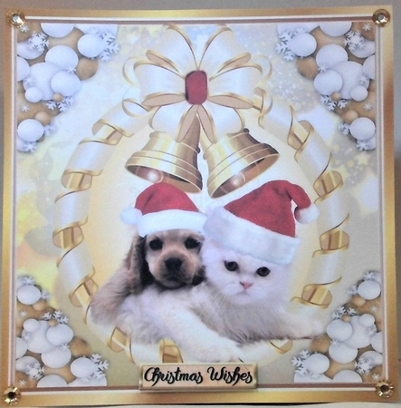  6 Cute puppy and kittens in santa hats card fronts with gold bells 8x8 bumper kit by Hazel Underwood