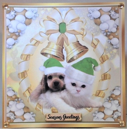  6 Cute puppy and kittens in santa hats card fronts with gold bells 8x8 bumper kit by Hazel Underwood
