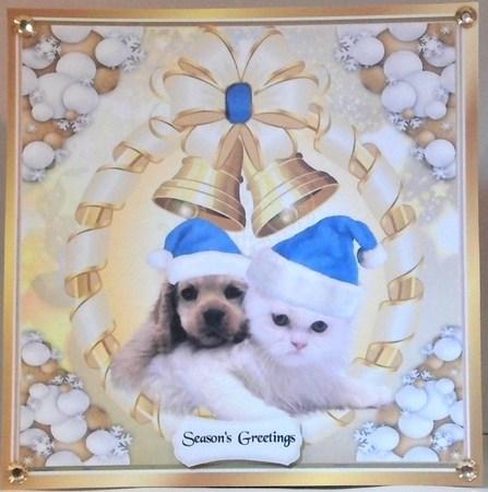  6 Cute puppy and kittens in santa hats card fronts with gold bells 8x8 bumper kit by Hazel Underwood