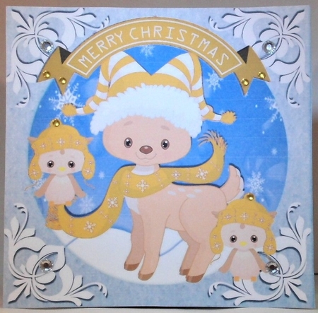  8 Cute reindeers in scarfs with owls card fronts 8x8 bumper kit by Hazel Underwood
