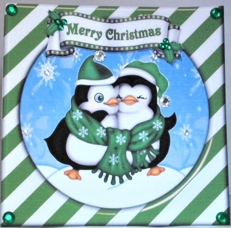 Cute pair of cuddle penguins in green stripe snow frame 7x7 by Hazel Underwood