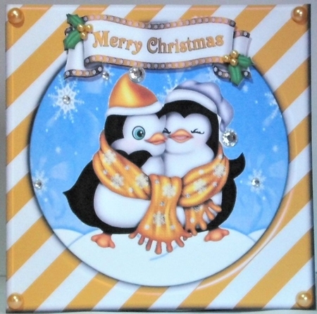 Cute pair of cuddle penguins in gold stripe snow frame 7x7 by Hazel Underwood