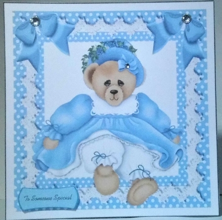 Cute teddy bear in blue dress with bows 8x8 by Hazel Underwood