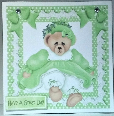Cute teddy bear in green dress with bows 8x8 by Hazel Underwood