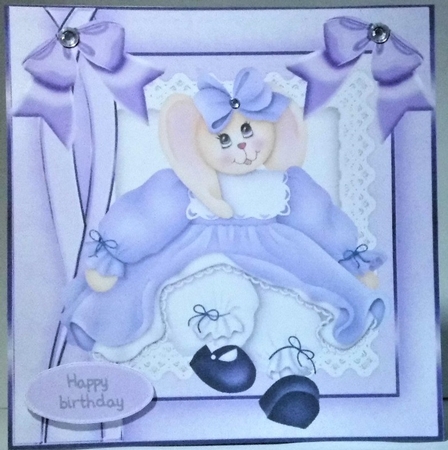 Cute bunny in purple  dress with bows 8x8 by Hazel Underwood