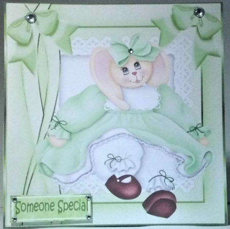 Cute bunny in green dress with bows 8x8 by Hazel Underwood