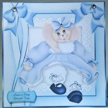 4 Cute bunnies in coloured dresses with bows card fronts 8x8 mini kit by Hazel Underwood