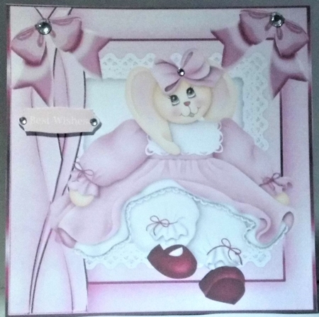 4 Cute bunnies in coloured dresses with bows card fronts 8x8 mini kit by Hazel Underwood