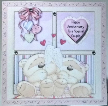 300dpi, 6x6in Topper & Decoupage - 2 Bears Celebrating - Hearts - Champagne - Anniversary by Hazel Underwood