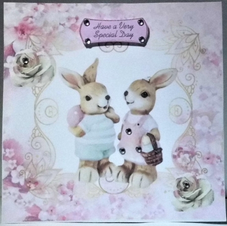 Bunny love tea party in floral pink frame with roses 7x7  by Hazel Underwood