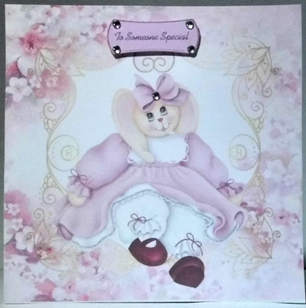 Bunny  in dress in floral pink frame with butterflies 7x7 by Hazel Underwood