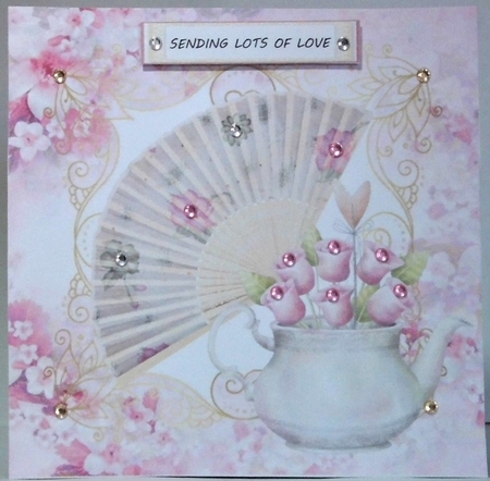 Pretty fan and flowers in pink ornate frame 7x7 by Hazel Underwood