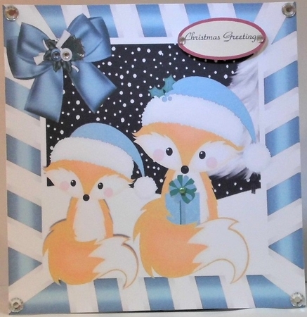 Cute pair of foxes in santa hats in blue stripe frame 8x8 by Hazel Underwood