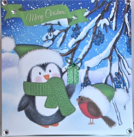 Cute penguin with robin in green santa hats 8x8 with pyramids by Hazel Underwood