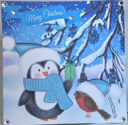 Cute penguin with robin in blue santa hats 8x8 with pyramids by Hazel Underwood
