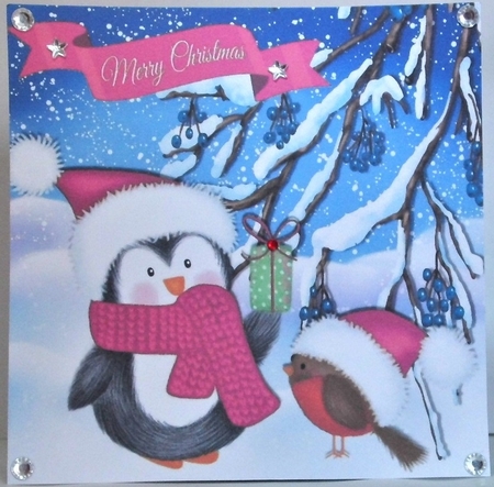 Cute penguin with robin in pink santa hats 8x8 with pyramids by Hazel Underwood