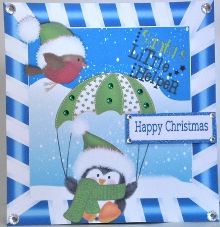 Santas little Helper in green santa hat with robin 8x8 by Hazel Underwood