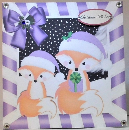  4 Cute pair of foxes in santa hats card fronts in stripe frames 8x8 by Hazel Underwood