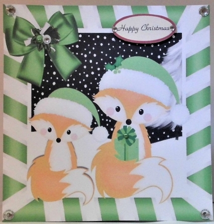  4 Cute pair of foxes in santa hats card fronts in stripe frames 8x8 by Hazel Underwood