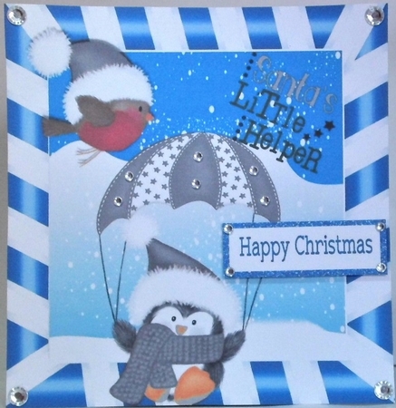  4 Lovely Santa little Helpers penguins in santa hats with robins 8x8 mini kit by Hazel Underwood