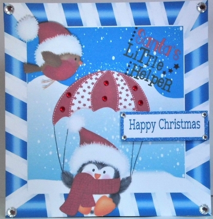  4 Lovely Santa little Helpers penguins in santa hats with robins 8x8 mini kit by Hazel Underwood