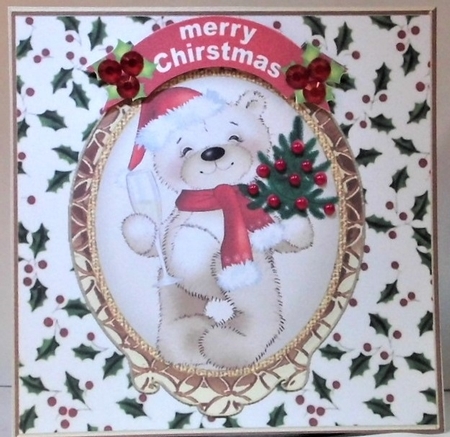 Lovely christmas teddy in 7x7 holly frame by Hazel Underwood