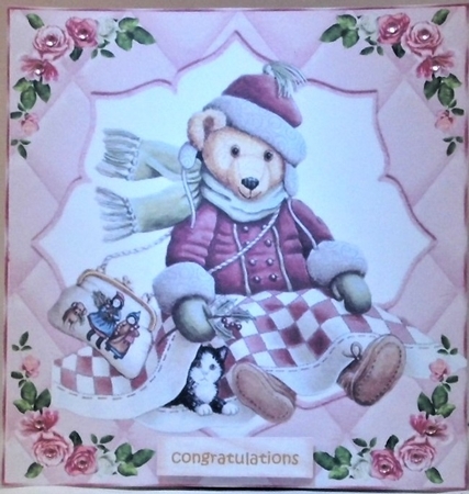cute christmas teddy with pink roses quilted card front in 8x8 frame by Hazel Underwood