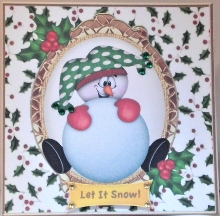 snow ball fight with elf in holly frame 7x7 by Hazel Underwood