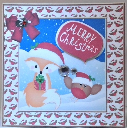 Cute foxy and robin in santa hats with bow 7x7 by Hazel Underwood