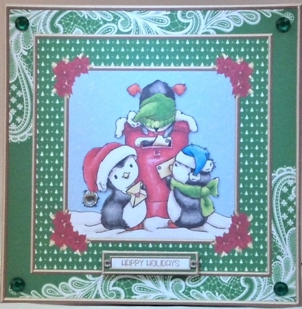 Cute little penguins mailing letters to Santa (green) by Hazel Underwood