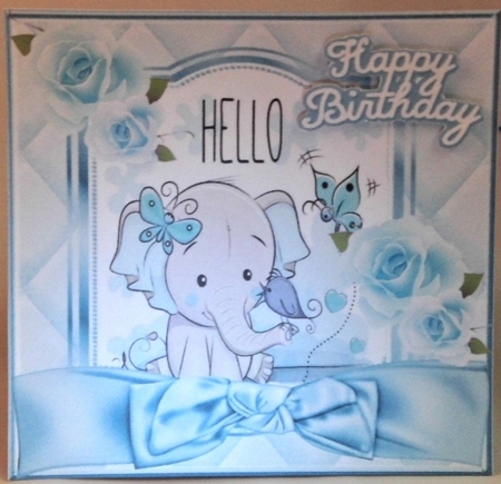 Cute ele with little bird and turq bow 7x7 by Hazel Underwood