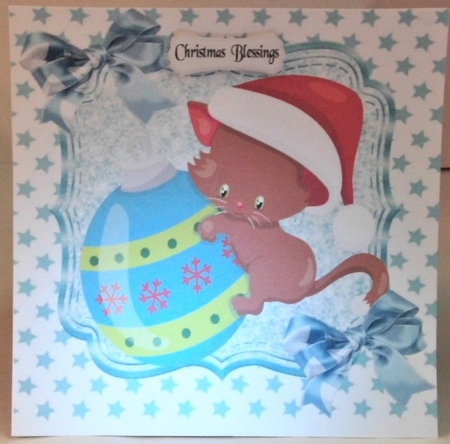 Cute kitten with bauble with turq bow and turq stars 8x8 by Hazel Underwood