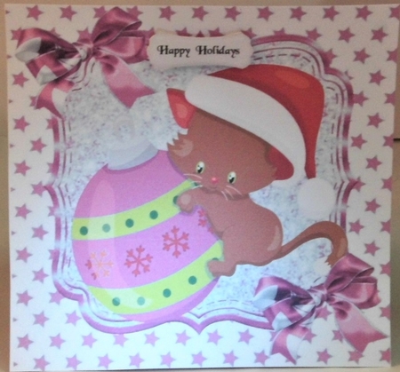 Cute kitten with bauble with pink bow and pink stars 8x8 by Hazel Underwood
