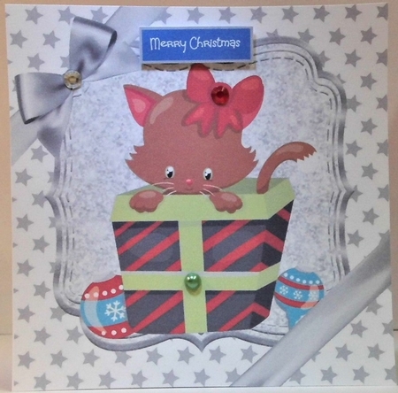 Cute kitten in christmas gift with bow and silver stars 8x8 by Hazel Underwood