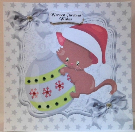 Cute kitten with bauble with silver bow and silver stars 8x8 by Hazel Underwood