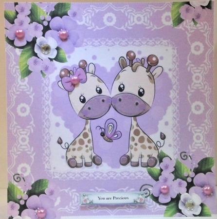 Cute pair of giraffes in lace frame with purple roses 8x8 by Hazel Underwood