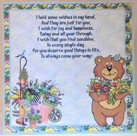Teddy in the garden birthday insert by Hazel Underwood