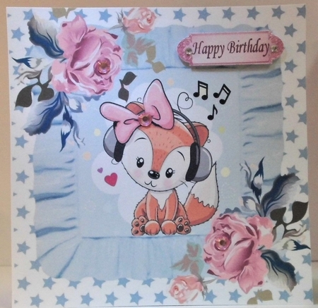 Cute foxy lady with painted roses with frills & stars 8x8 by Hazel Underwood