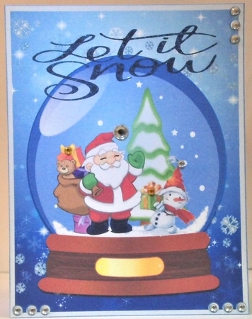 Christmas greeting card with Santa and snowman in a snow globe by Hazel Underwood