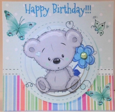 Cute little grey teddy bear with flower 7x7 (turq) by Hazel Underwood