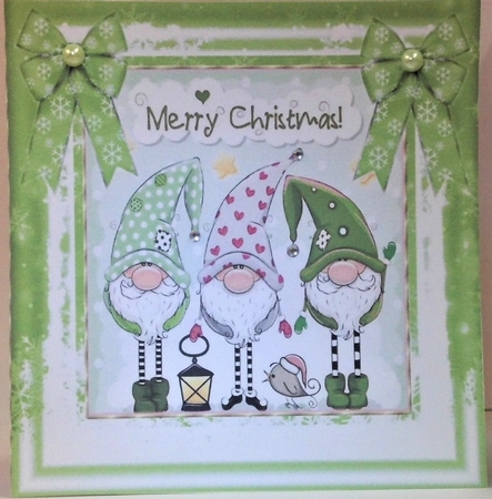 Trio of santas elves with bows and little robin 8x8 (green) by Hazel Underwood