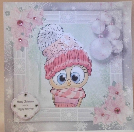 Beautiful Owl in a bobble hat with pink Christmas flowers 8x8 Mini Kit by Hazel Underwood