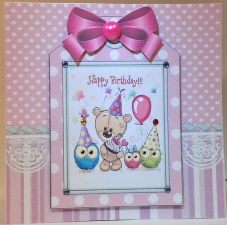 Birthday teddy with owls on a tag , pink stripes and bow 7x7 by Hazel Underwood