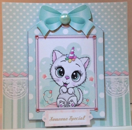 White kitty with party hat on a tag , turq stripes and bow 7x7 by Hazel Underwood