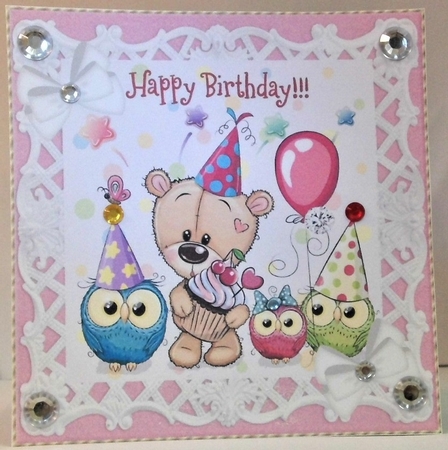 Teddy bear party with owls and white bows 8x8 by Hazel Underwood