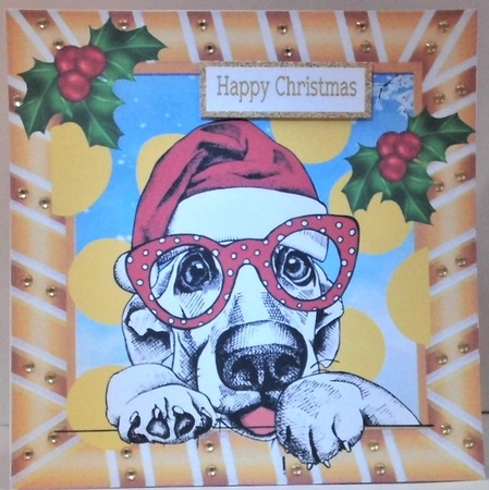  dog in santa hat with holly in gold striped frame 8x8 by Hazel Underwood