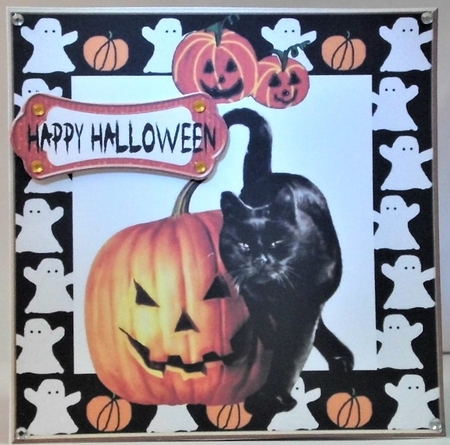 Spooky ghost frame 7x7 with pumpkin and black cat by Hazel Underwood