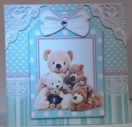 Cute teddy bears with white bow on a tag, turq striped 7x7 frame Featured Gallery Photo