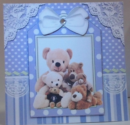 Cute teddy bears with white bow on a tag, purple striped 7x7 frame by Hazel Underwood